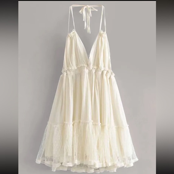 Boho Backless V Halter Swiss Dot Mini babydoll Dress Cream - Picture 13 of 15